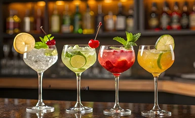 Four colourful house cocktails garnished with fruit on the bar at Pistalks.